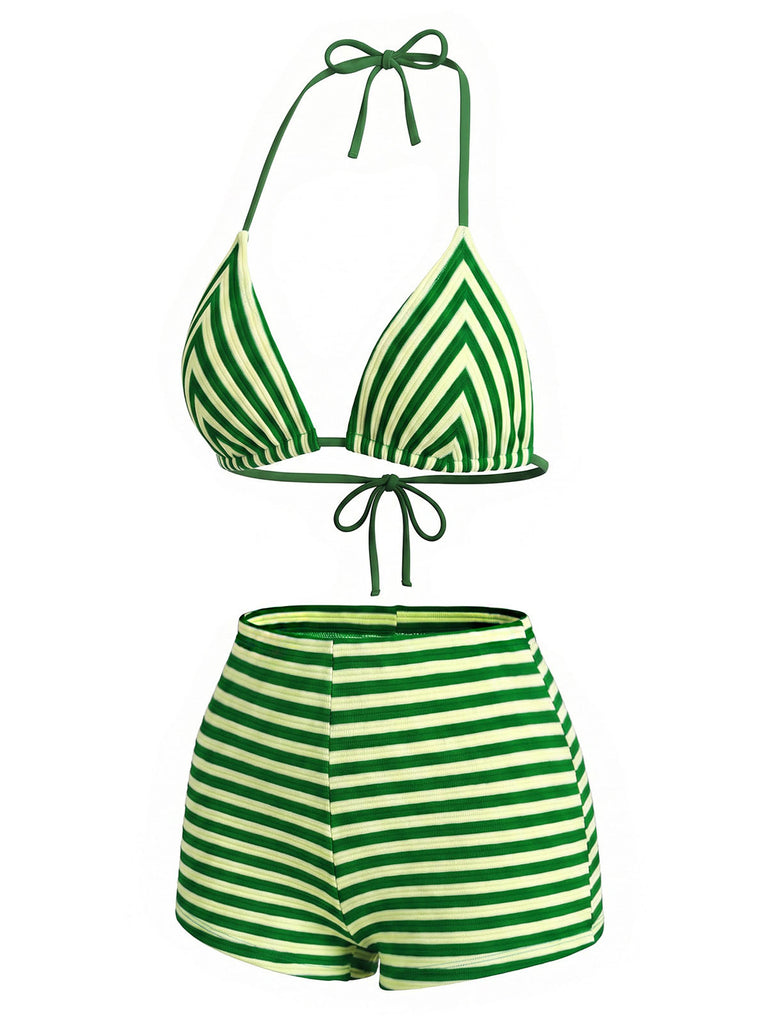 Green 1950s Striped Terry Halter Bikini Set