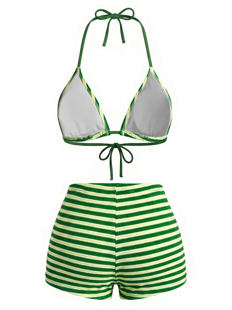 Green 1950s Striped Terry Halter Bikini Set