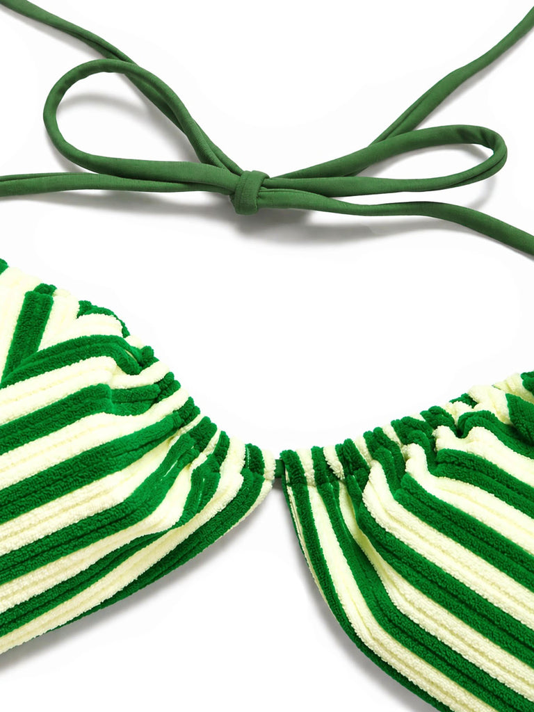 Green 1950s Striped Terry Halter Bikini Set