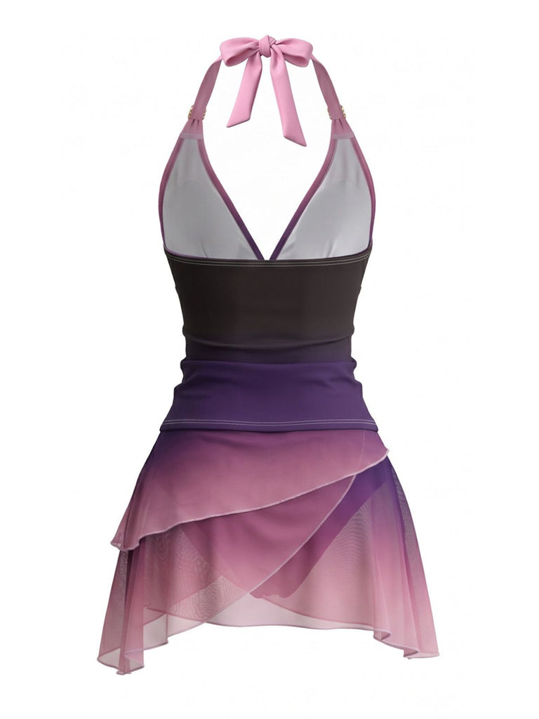 Lavender 1980s Halter Ombre Ruched Tankini Set, vintage fashion, retro style - perfect for women who love vintage and retro fashion