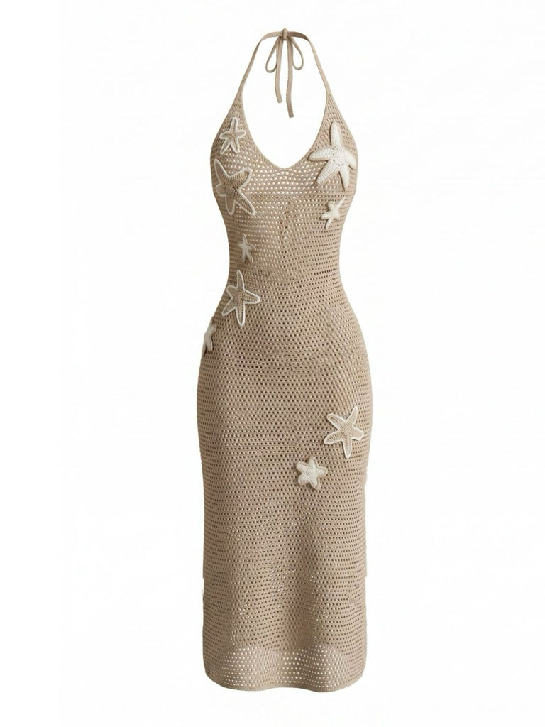 Khaki 1950s Knit Starfish V-Neck Halter Cover Up Dress, vintage dress, retro fashion, rockabilly, pin-up fashion - perfect for women who love vintage and retro fashion