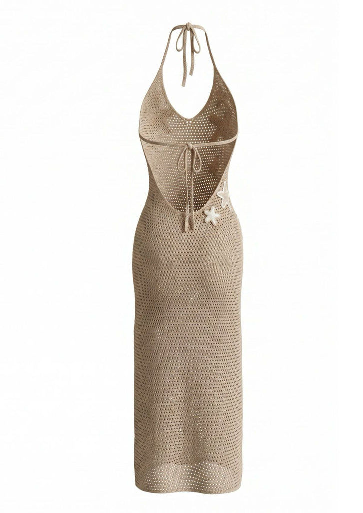 Khaki 1950s Knit Starfish V-Neck Halter Cover Up Dress, vintage dress, retro fashion, rockabilly, pin-up fashion - perfect for women who love vintage and retro fashion