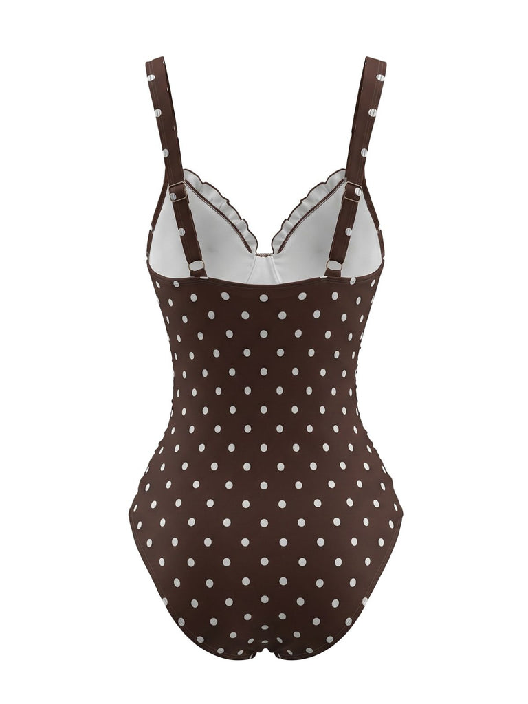 Light Coffee 1960s Polka Dot Colorblock Swimsuit, vintage swimsuit, pin-up swimwear - perfect for women who love vintage and retro fashion