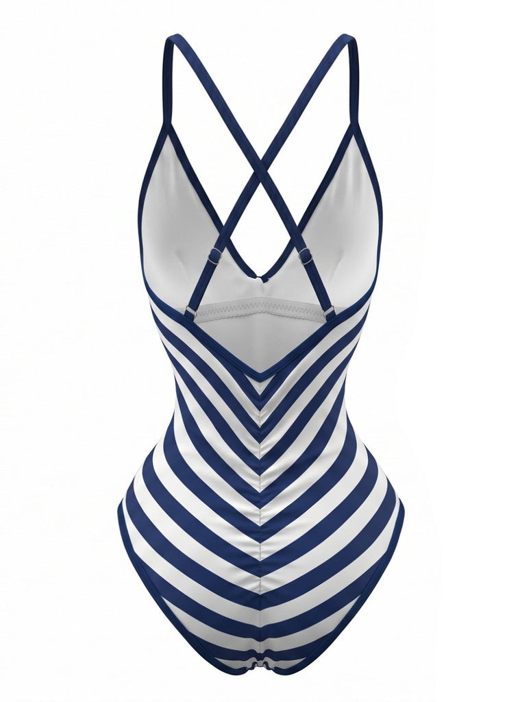 Navy 1980s Print Striped Fitted One Piece Swimsuit 2