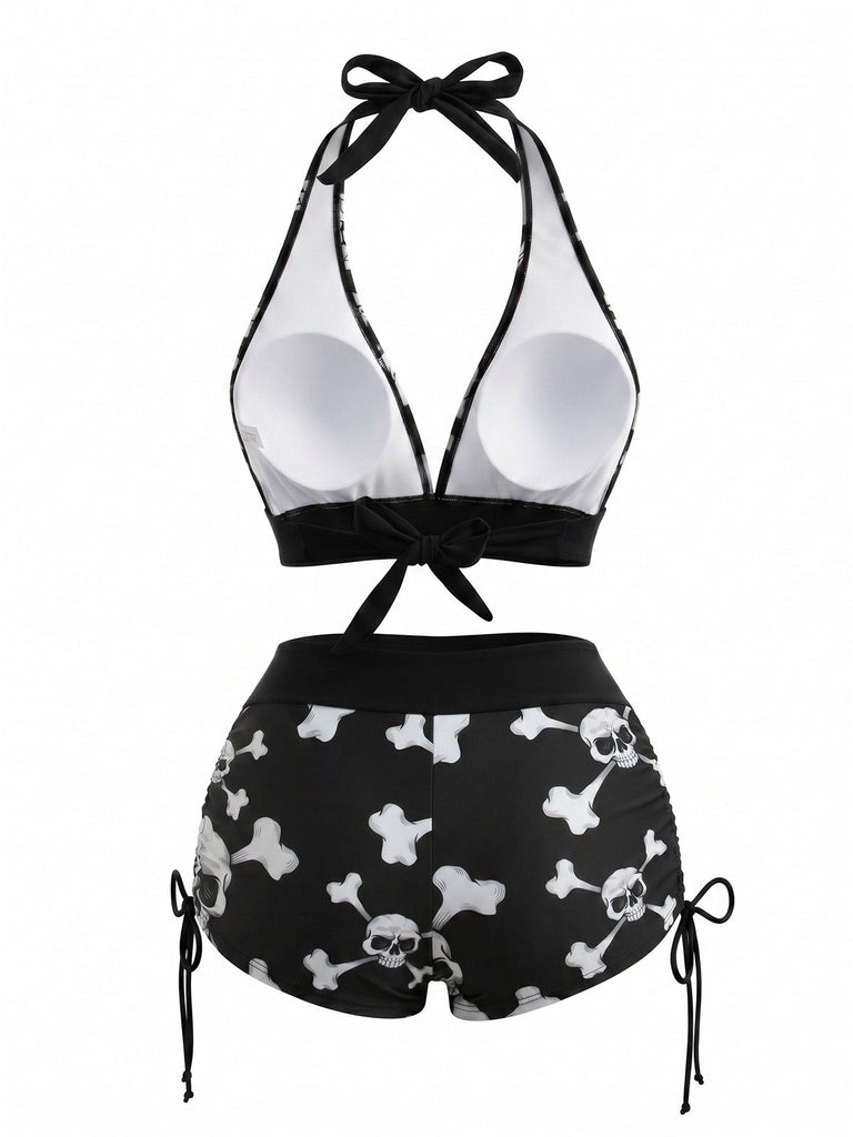 1980s Punk Halter Rock Skull Bikini Set, vintage swimsuit, pin-up swimwear - perfect for women who love vintage and retro fashion