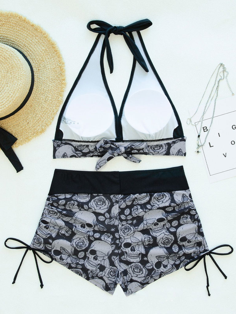 1980s Punk Halter Rock Skull Bikini Set, vintage swimsuit, pin-up swimwear - perfect for women who love vintage and retro fashion