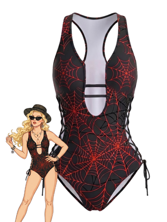 [Pre-Sale] Red 1960s Spider Web Cutout Strappy Swimsuit