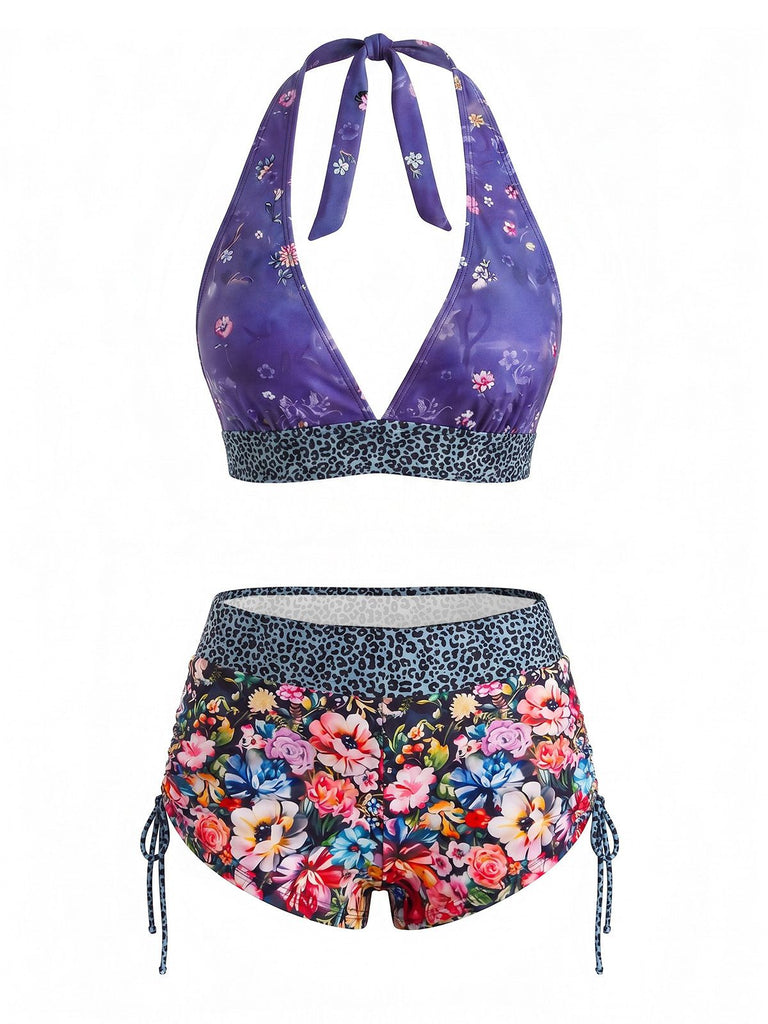 Multicolor 1980s Sugar Skull Halter Gothic Bikini Set, vintage swimsuit, pin-up swimwear - perfect for women who love vintage and retro fashion