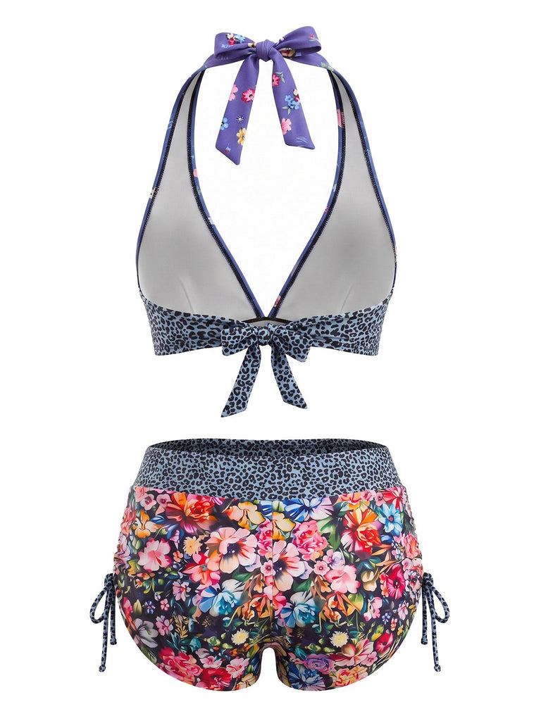 Multicolor 1980s Sugar Skull Halter Gothic Bikini Set, vintage swimsuit, pin-up swimwear - perfect for women who love vintage and retro fashion