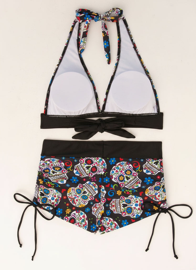 Multicolor 1980s Sugar Skull Halter Gothic Bikini Set, vintage swimsuit, pin-up swimwear - perfect for women who love vintage and retro fashion