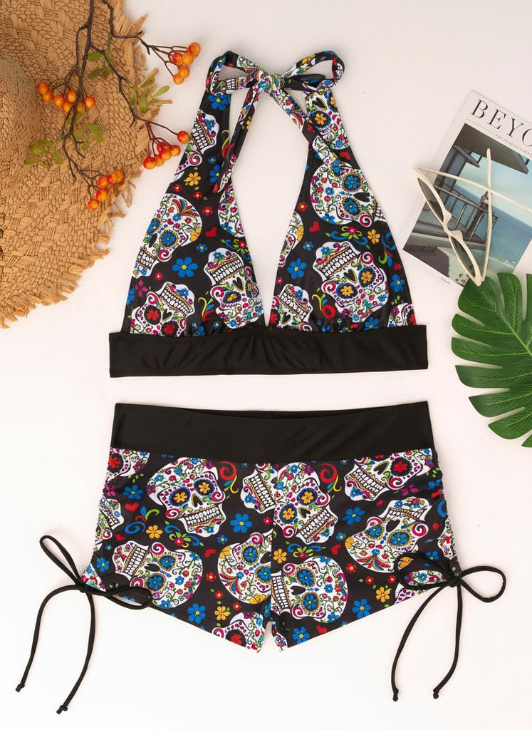 Multicolor 1980s Sugar Skull Halter Gothic Bikini Set, vintage swimsuit, pin-up swimwear - perfect for women who love vintage and retro fashion