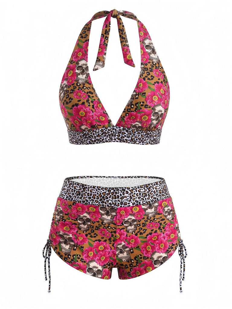 Multicolor 1980s Sugar Skull Halter Gothic Bikini Set, vintage swimsuit, pin-up swimwear - perfect for women who love vintage and retro fashion