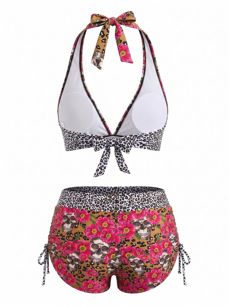 Multicolor 1980s Sugar Skull Halter Gothic Bikini Set, vintage swimsuit, pin-up swimwear - perfect for women who love vintage and retro fashion