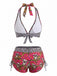 Multicolor 1980s Sugar Skull Halter Gothic Bikini Set, vintage swimsuit, pin-up swimwear - perfect for women who love vintage and retro fashion
