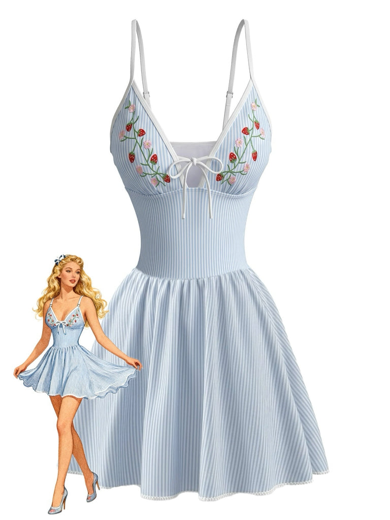Blue 1980s Floral Embroidered Spaghetti Strap Tankini Set