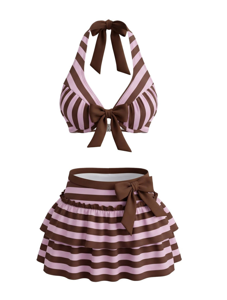 [Pre-Sale] Violet 1950s Striped Halter Bow Ruffle Bikini Set, vintage swimsuit, pin-up swimwear - perfect for women who love vintage and retro fashion