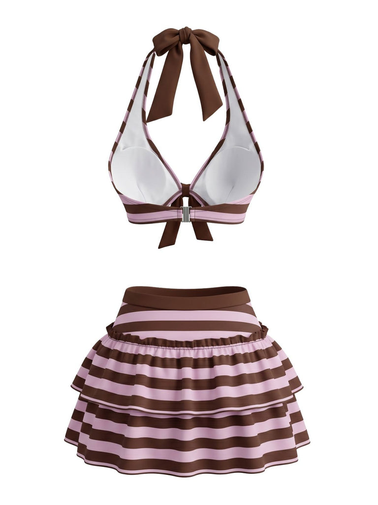 [Pre-Sale] Violet 1950s Striped Halter Bow Ruffle Bikini Set, vintage swimsuit, pin-up swimwear - perfect for women who love vintage and retro fashion
