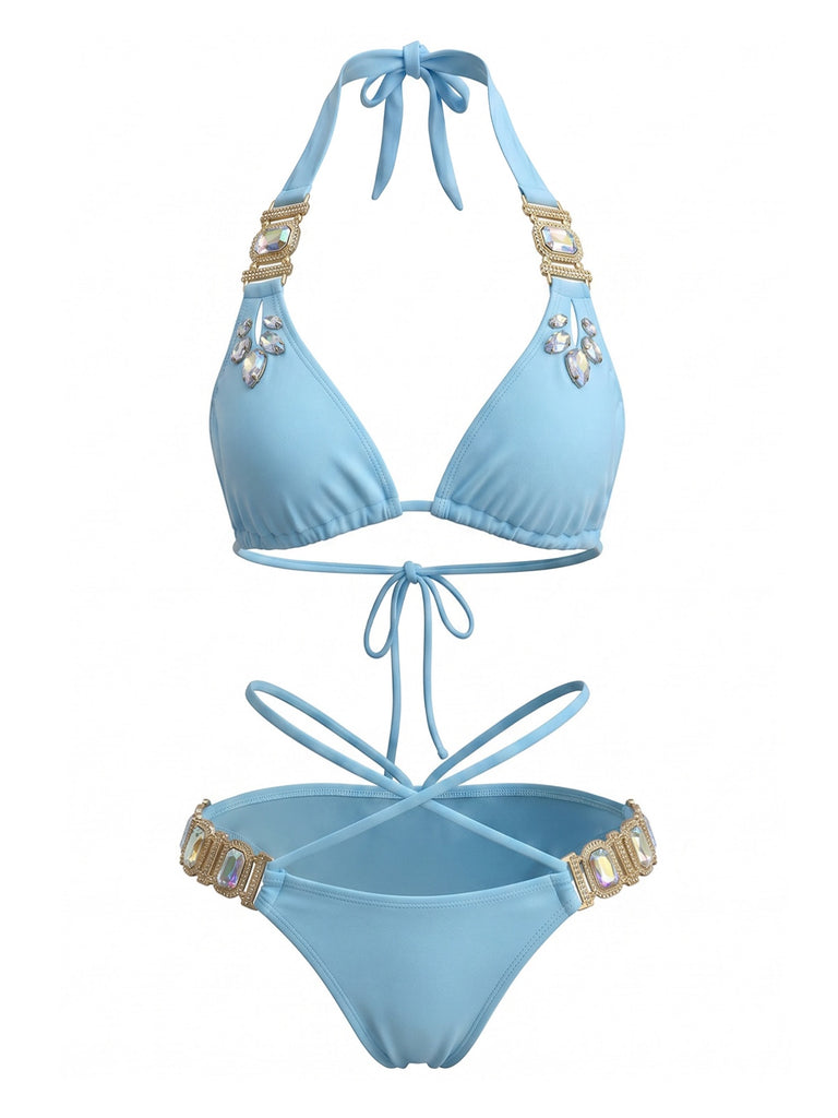 1980s Halter Rhinestone Strappy Bikini Set, vintage swimsuit, pin-up swimwear - perfect for women who love vintage and retro fashion