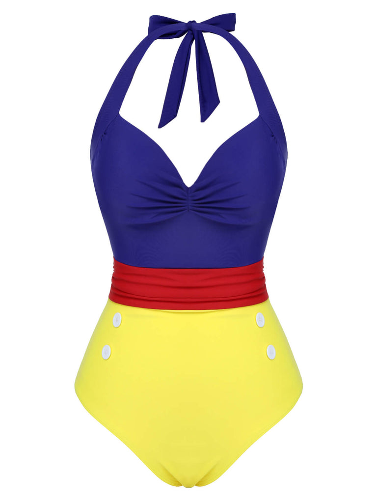 1950s Color Block Lace-Up Halter Swimsuit