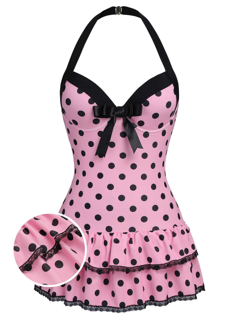 Brown 1940s Halter Polka Dots Bow Swimsuit