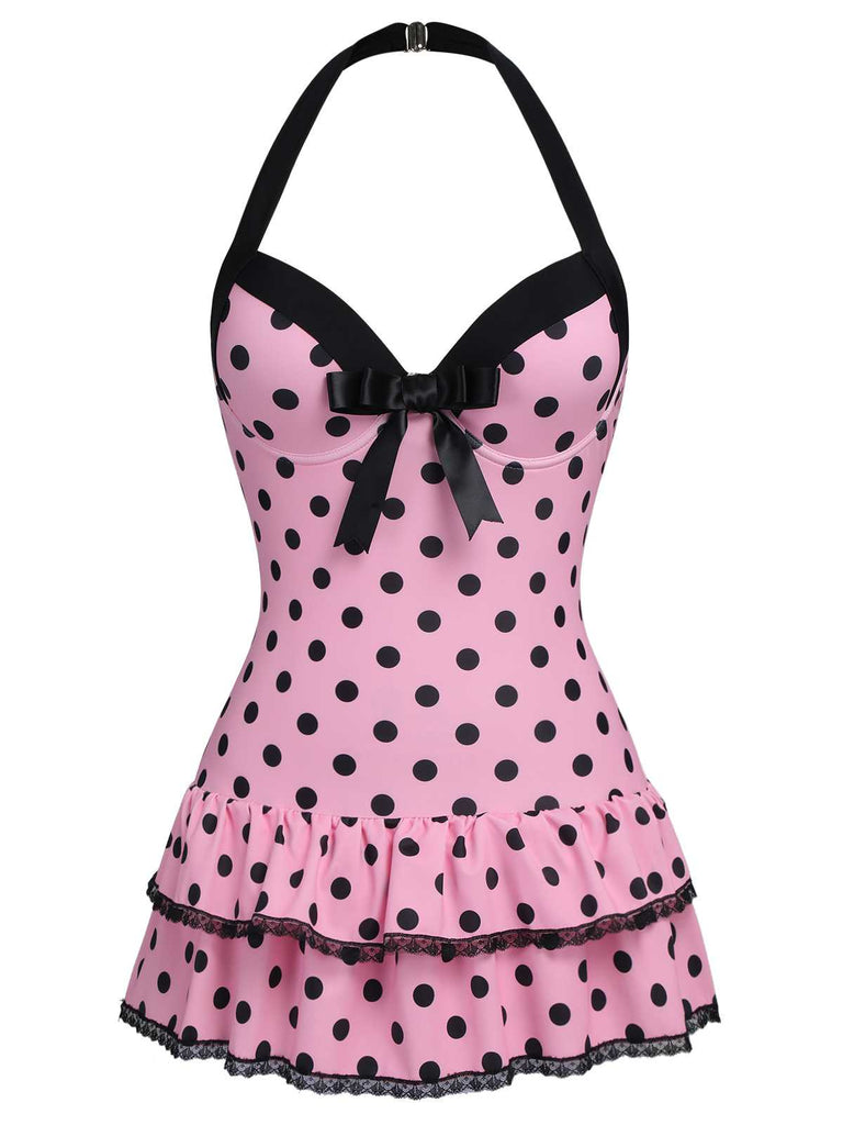 Pink 1940s Halter Polka Dots Bow One-Piece Swimsuit