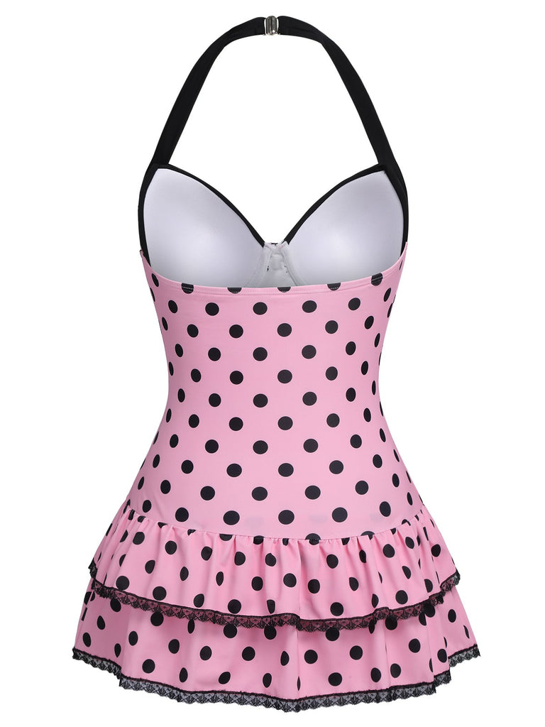 [Plus Size] Pink 1940s Polka Dots Hater Swimsuit