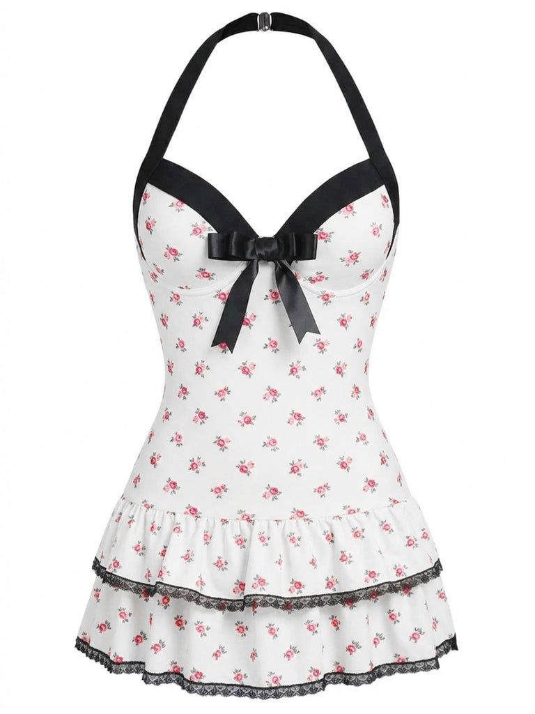 Blue 1940s Halter Stripe Bow One-Piece Swimsuit