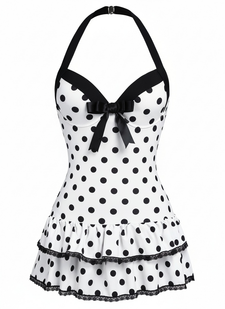 Pink 1940s Halter Polka Dots Bow One-Piece Swimsuit