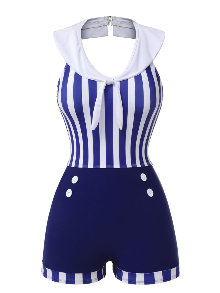 Navy Blue 1950s Striped Navy Collar Swimsuit