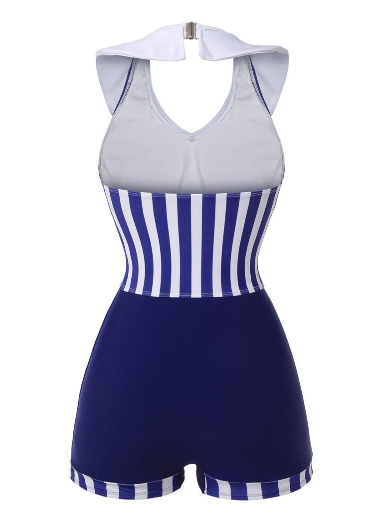 Navy Blue 1950s Striped Navy Collar Swimsuit