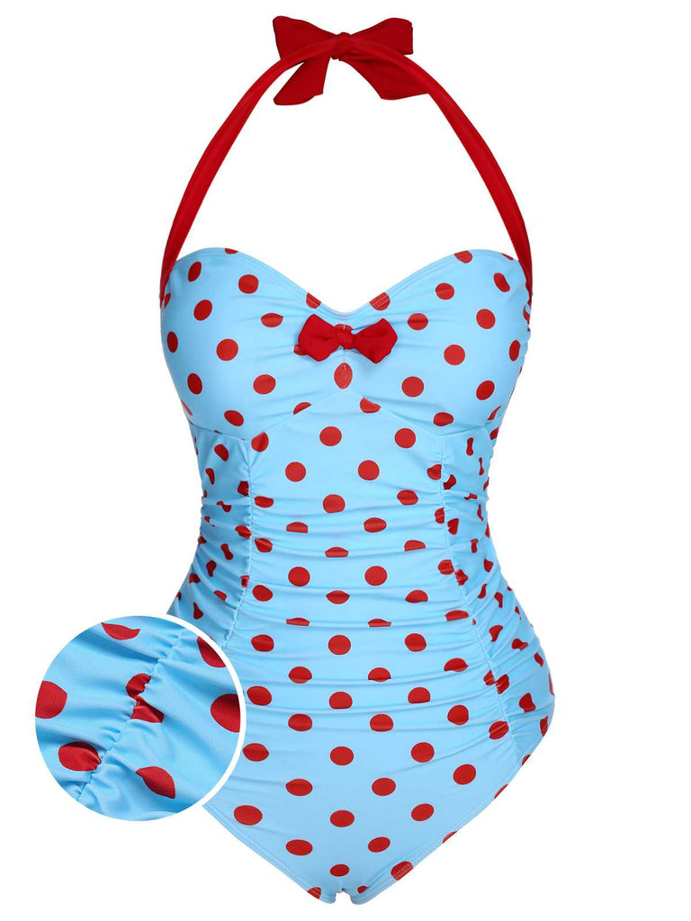 [Pre-Sale] 1940s Halter Contrast Polka Dots One-Piece Swimsuit