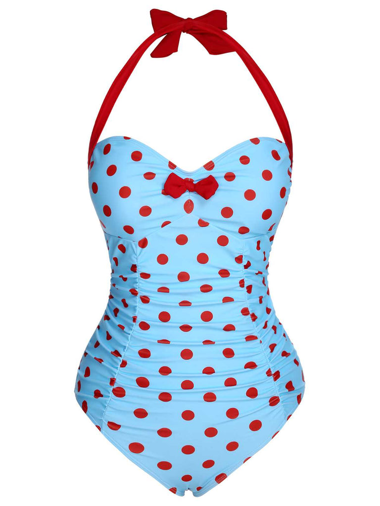 [Pre-Sale] 1940s Halter Contrast Polka Dots One-Piece Swimsuit