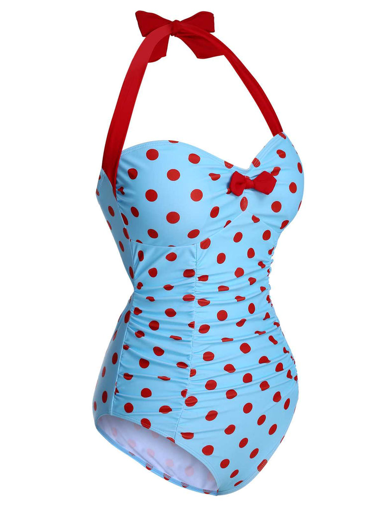 [Pre-Sale] 1940s Halter Contrast Polka Dots One-Piece Swimsuit