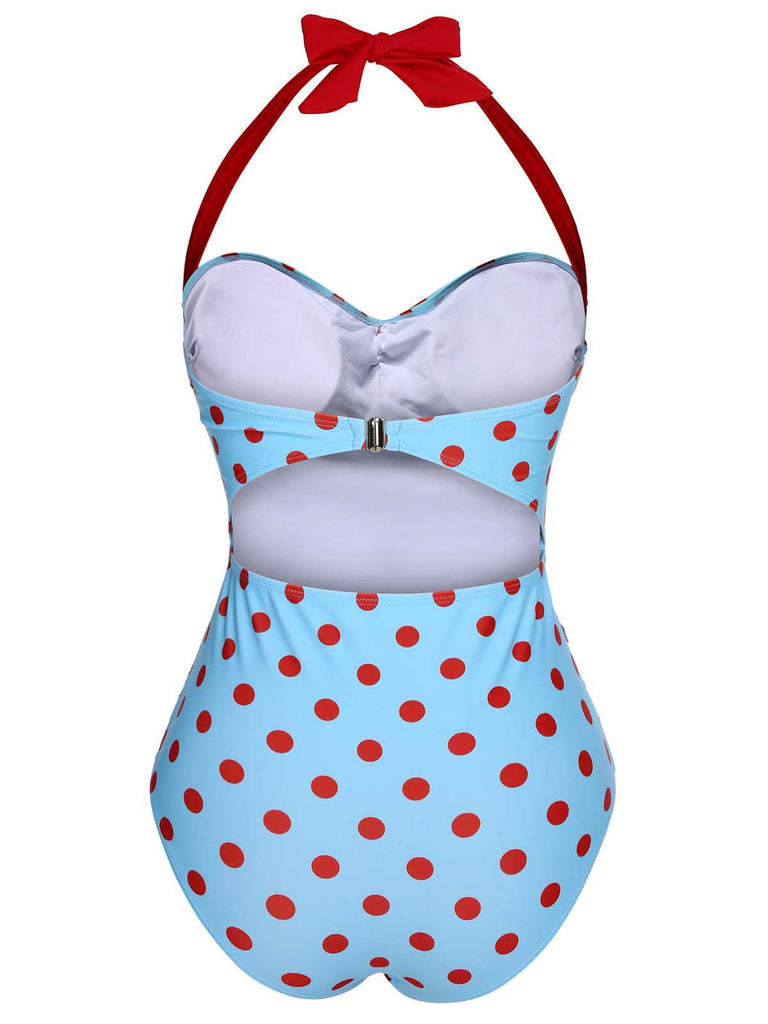 1940s Halter Contrast Polka Dots One-Piece Swimsuit