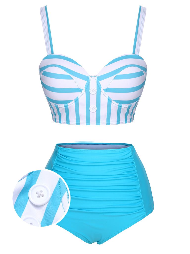 Light Blue 1950s Stripe Strap Swimsuit