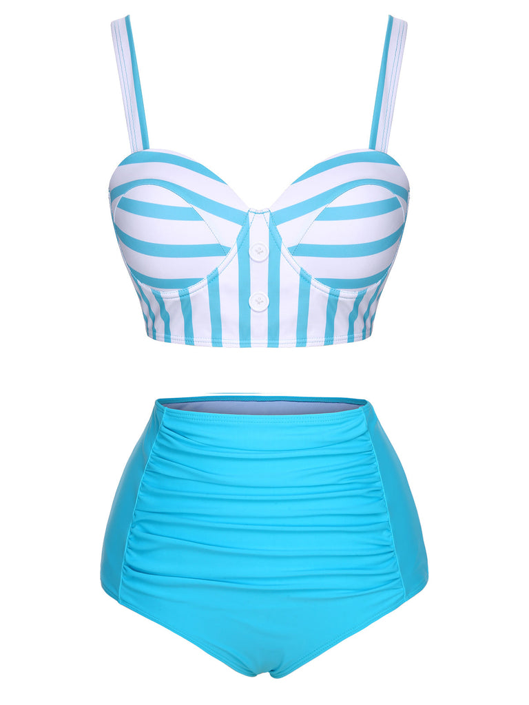 Light Blue and White Striped High Waisted Bikini Set