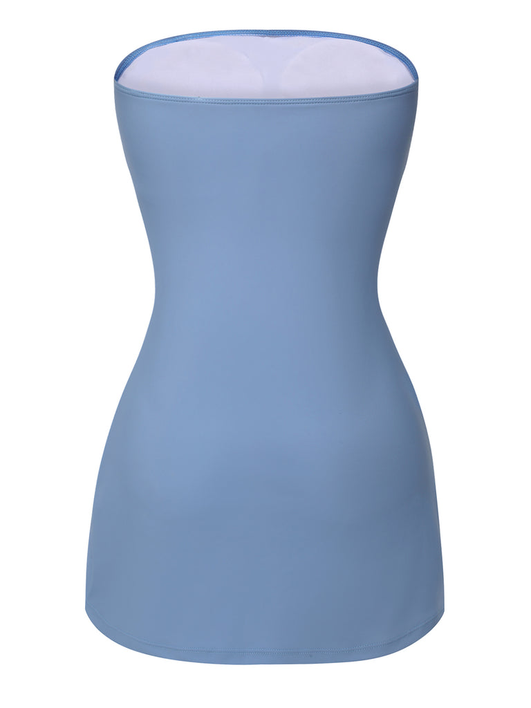 Blue 1930s Solid Buttoned Bandeau Swimsuit