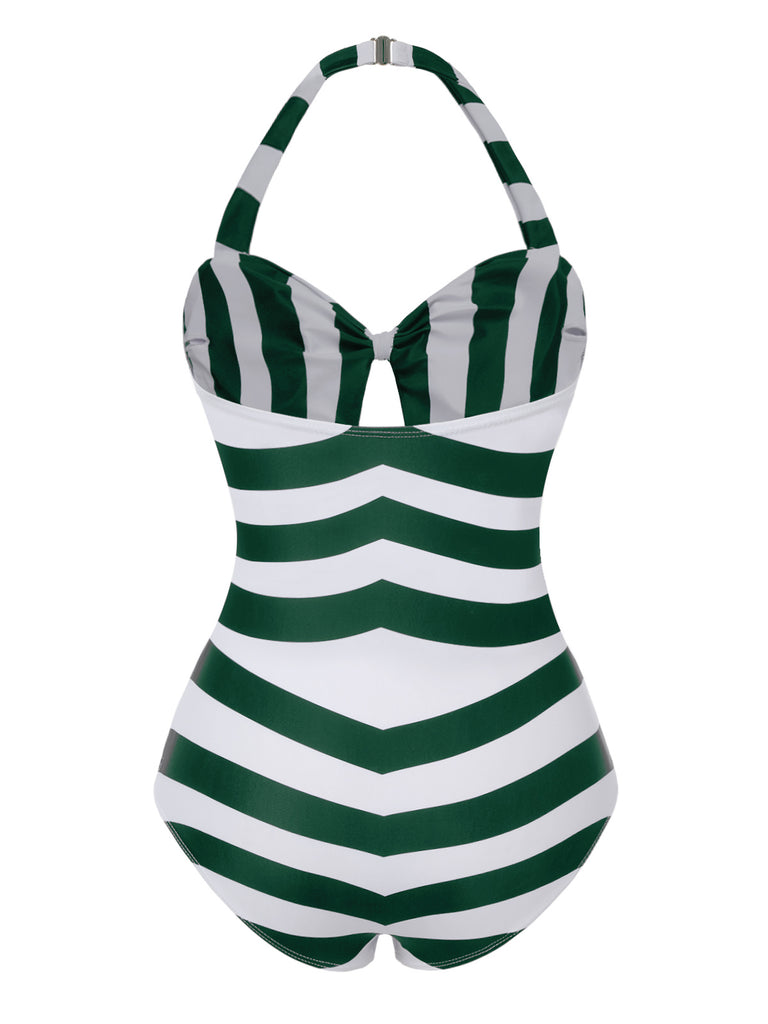 [Pre-Sale] Green & White 1950s Stripes Halter Swimsuit