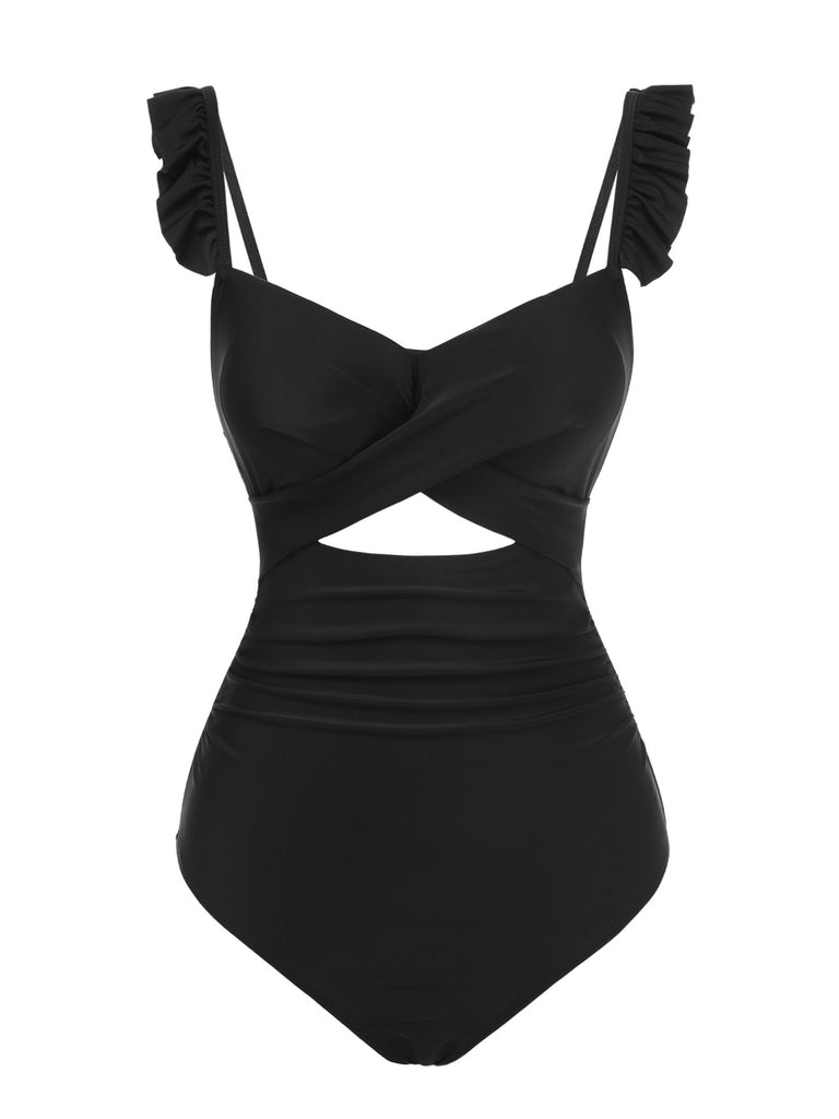 [Pre-Sale] Black 1950s Solid Ruffled Strap Swimsuit