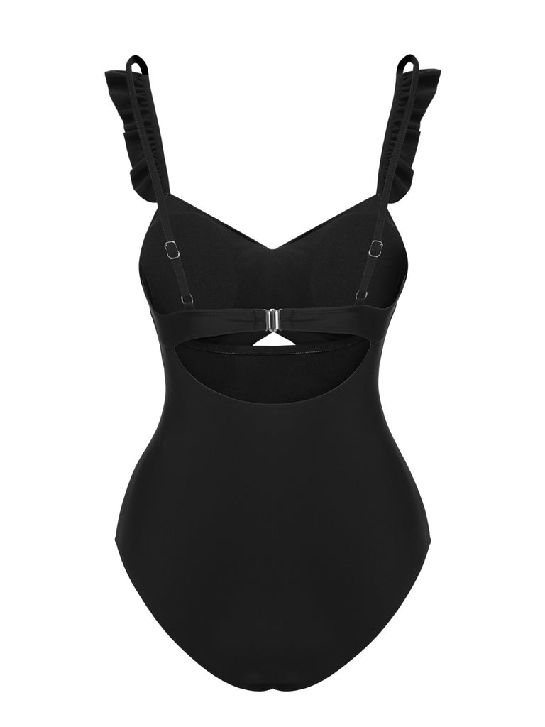 [Pre-Sale] Black 1950s Solid Ruffled Strap Swimsuit
