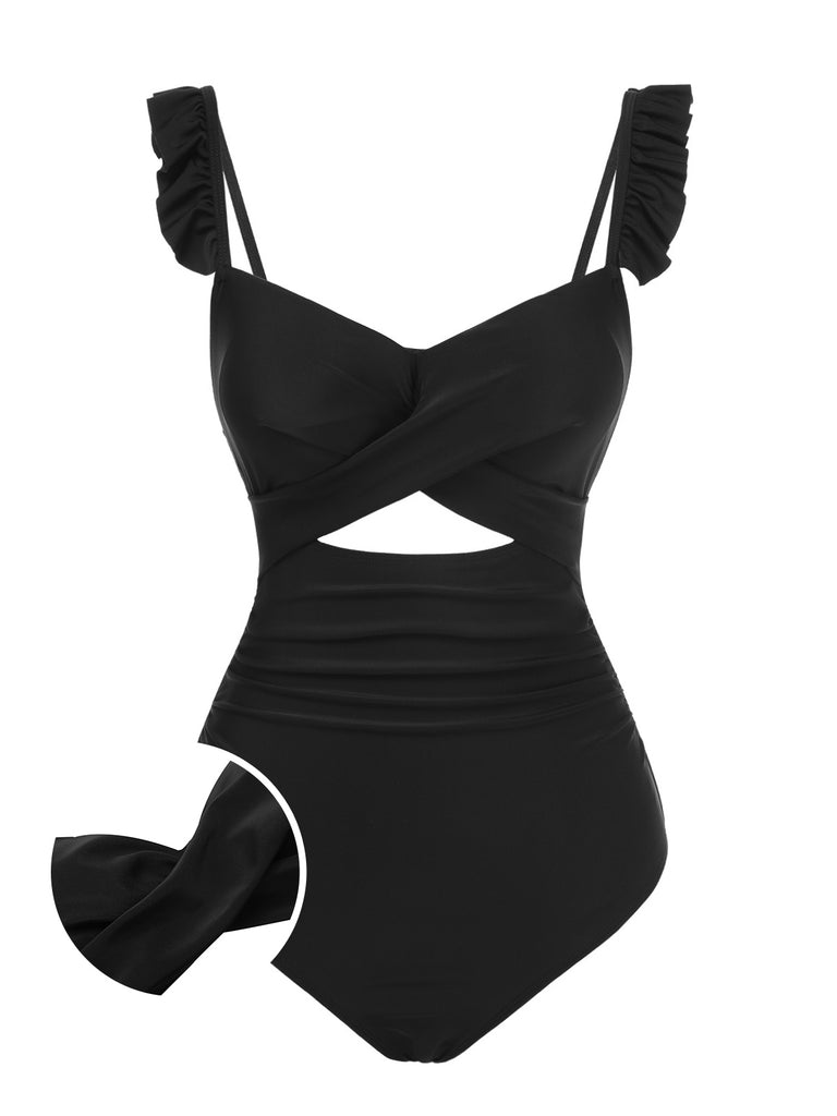 [Pre-Sale] Black 1950s Solid Ruffled Strap Swimsuit