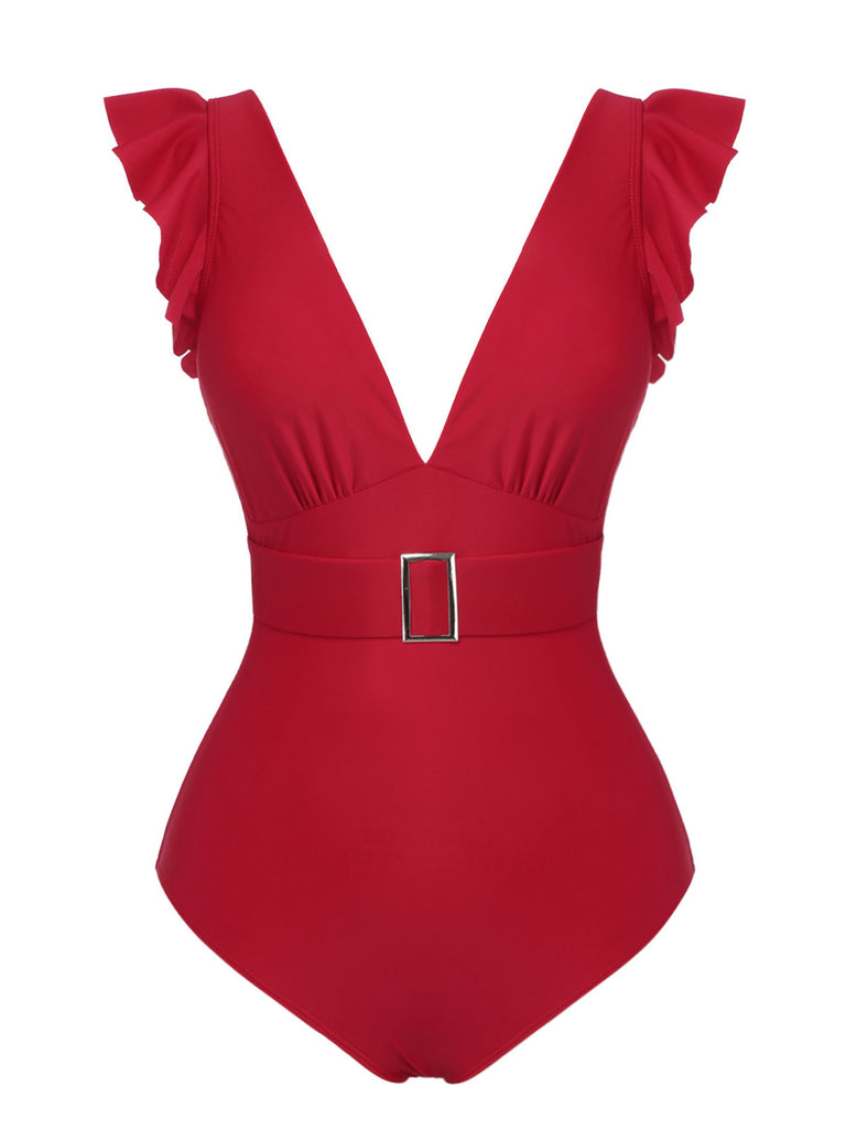 Red 1950s Solid Deep V-Neck Belt Swimsuit