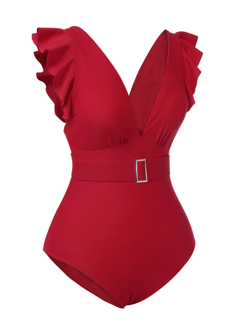 [Pre-Sale] Red 1950s Solid Deep V-Neck Belt Swimsuit