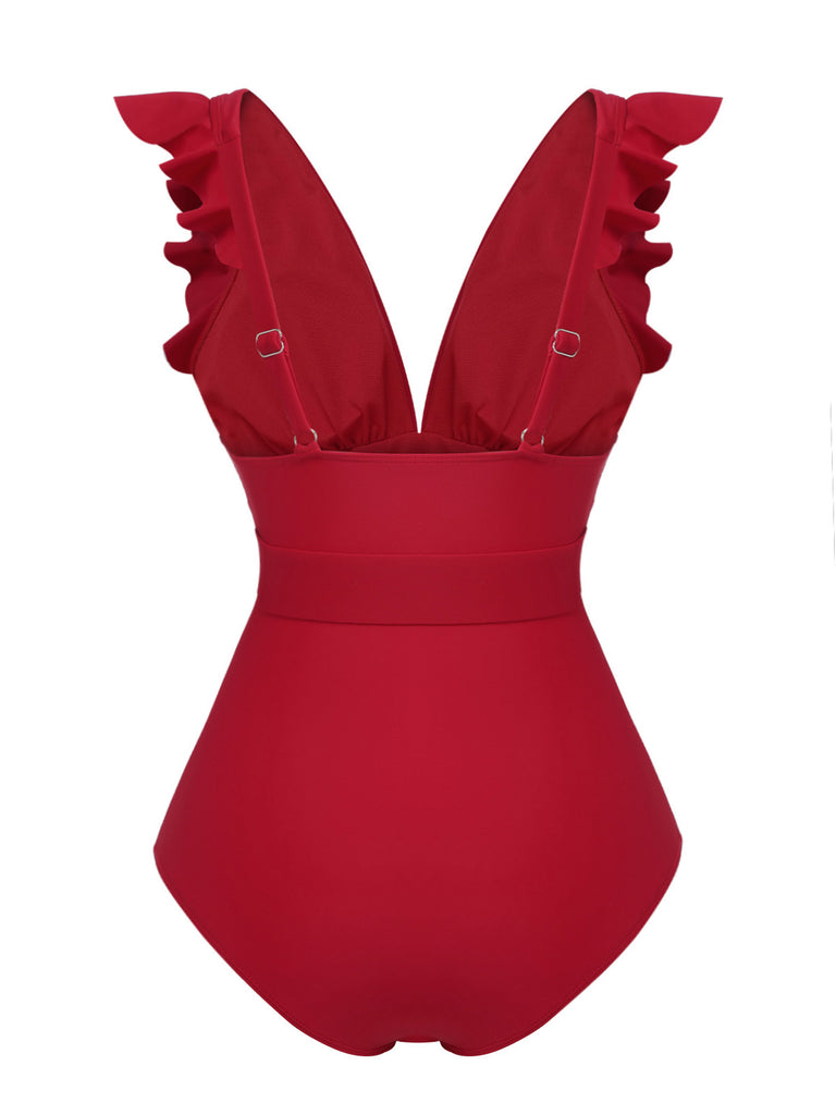 Red 1950s Solid Deep V-Neck Belt Swimsuit