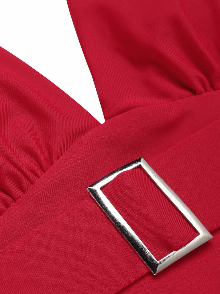 [Pre-Sale] Red 1950s Solid Deep V-Neck Belt Swimsuit