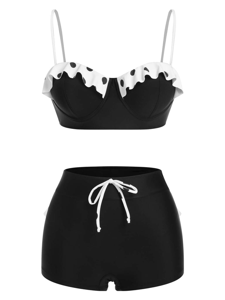 Black White 1950s Dots Layered Strap Swimsuit