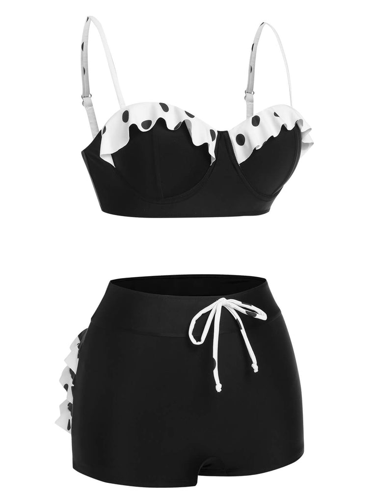 Black White 1950s Dots Layered Strap Swimsuit