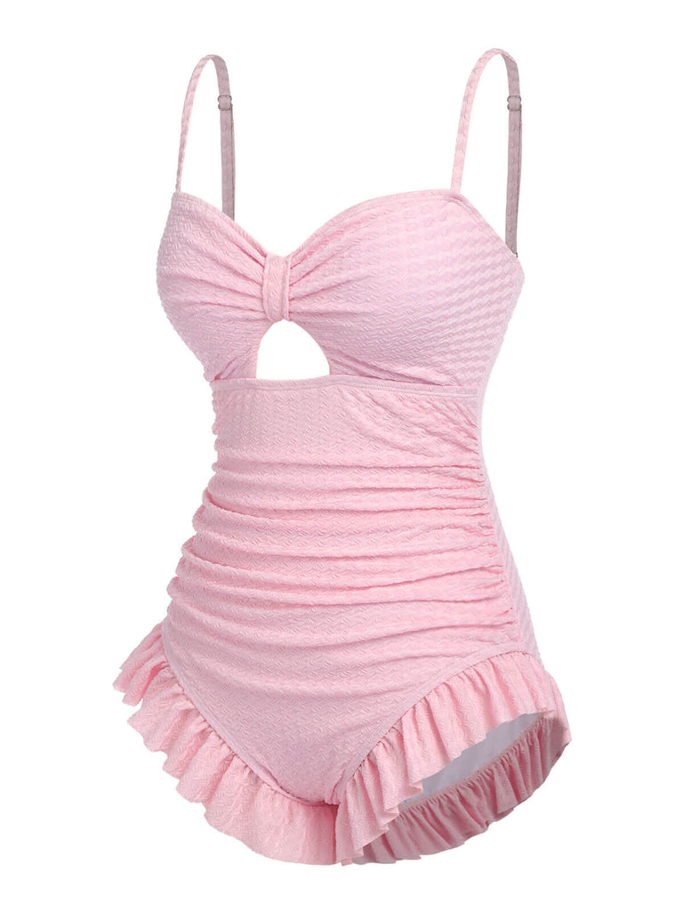 Pale Pink 1950s Solid Ruched Swimsuit