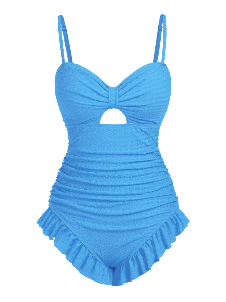 Blue 1950s Solid Ruched Swimsuit