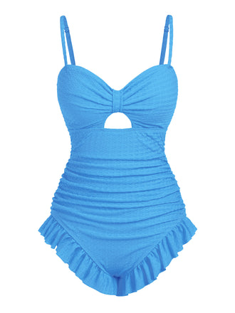 [US Warehouse] Blue 1950s Solid Ruched Swimsuit